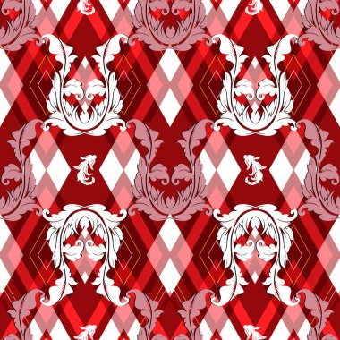 Rhombus. Çiçekli, klasik, dikişsiz Barok tarzı. Argyle eşkenar dörtgen arka planı. Geometrik kareli renkli yinelemeli arkaplan. Soyut çizgili eşkenar dörtgen süsler, klasik çiçekler, yapraklar.