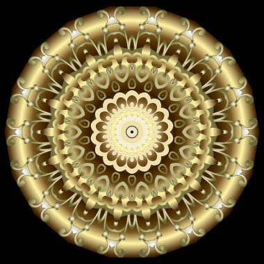Mandala. Lüks altın yuvarlak 3D mandala deseni. Girdap çiçekli altın renginde mandala. Güzel yüzey altın rengi süsler. Siyah arkaplan üzerine dekoratif dekoratif tasarım.