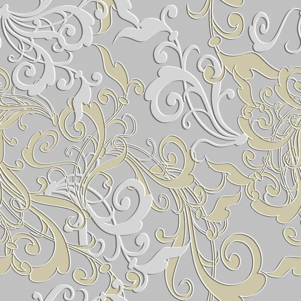 花バロック3Dシームレスパターン ベクトルエンボス加工白の背景 グランジの背景を繰り返します 表面レリーフ3D花はバロック様式で装飾を残します エンボス加工が施されたパターン — ストックベクタ