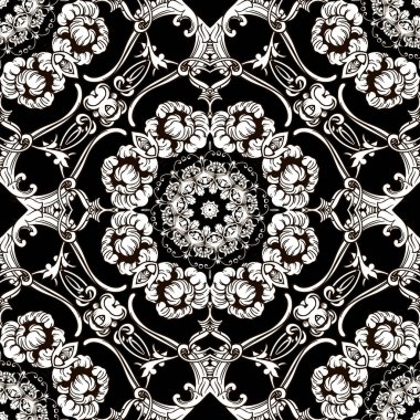 Barok pürüzsüz desen. Siyah ve beyaz Damask arka plan duvar kağıdı kumaşı. Klasik çizgiler, çiçekler, parşömen yaprakları. Barok Viktorya tarzı antik lüks süsler. Sonsuz doku.