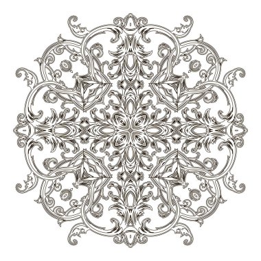 Barok mandala deseni. Siyah ve beyaz Şam çiçekli arka plan. Klasik çizgiler, çiçekler, parşömen yaprakları. Barok Viktorya tarzı antika siyah süs. Beyaz üzerine izole edilmiş mandala tasarımı.