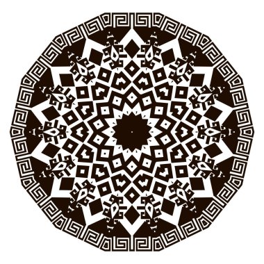 Mandala. Yunan yuvarlak etnik kabile mandala deseni. Siyah ve beyaz geometrik süslemeli vektör arka planı. Soyut desenli yuvarlak mandala tasarımı. Zigzag çizgileri, şekiller, eşkenar dörtgen, Yunan çerçevesi. Meander