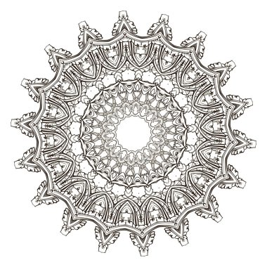 Mandala. Barok mandala deseni. Siyah ve beyaz Şam çiçekli arka plan. Klasik çizgiler, çiçekler, parşömen yaprakları. Barok Viktorya tarzı antika siyah süs. İzole edilmiş mandala tasarımı.