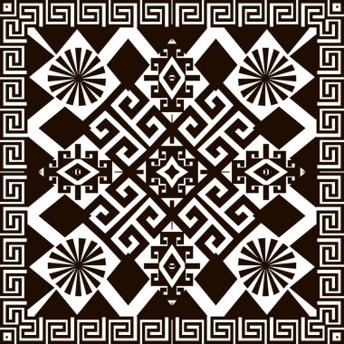 Kare çerçeveli Yunan kabilesinin pürüzsüz deseni. Siyah ve beyaz geometrik süslemeli vektör arka planı. Soyut desenli tasarım. Zigzag çizgileri, şekiller, eşkenar dörtgen, Yunan çerçevesi. Zarif süsler
