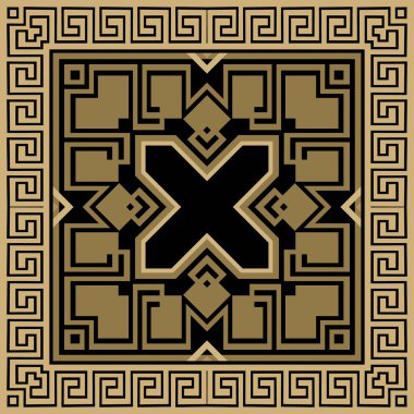 Çerçeveli, pürüzsüz kare Yunan deseni. Süslü arka plan. Vektör tekrar arkaplan. Kare çerçeveler, sınırlar, eşkenar dörtgenler, labirentler ve çizgilerle Yunan anahtarlı geometrik süsler. Sonsuz doku.