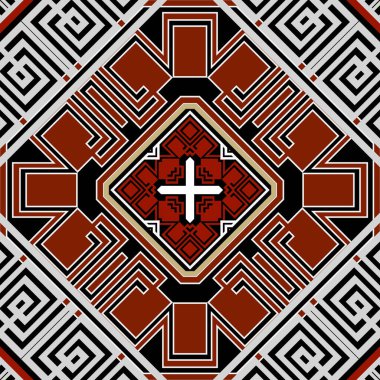 Kusursuz lüks Yunan modeli. Şık bir vektör arka planı. Modern geometrik arka plan. Güzel kırmızı siyah beyaz süsler. Yunan ana kavşakları, haçlar, çizgiler, eşkenar dörtgen, şekiller. Sonsuz doku.