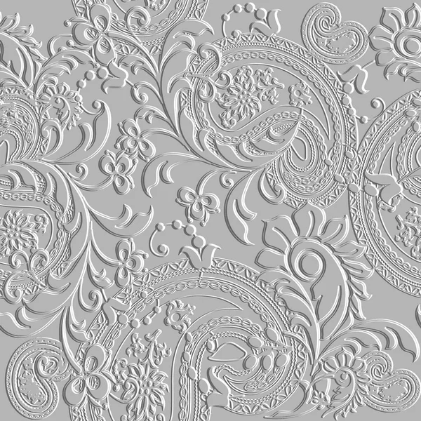 Emboss Paisley Floral Seamless Pattern Embossed White Background Vintage Textured — Stock Vector