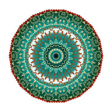 Klasik çiçek dantelli mandala deseni. Etnik stil dantel süsler. Çiçek arka planında karmaşık girdap çizgileri var. Yuvarlak dantel mandala süsü. Beyaz arka planda vektör renkli tasarım. İzole edilmiş.