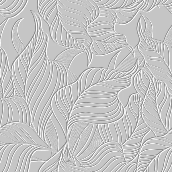 白い3D線のシームレスなパターンを残します 熱帯の花の背景 テクスチャの白いベクトル背景を繰り返します 表面のエンボス加工の葉 エンボス効果を持つ3D無限の装飾 エンボス加工の質感を残し — ストックベクタ