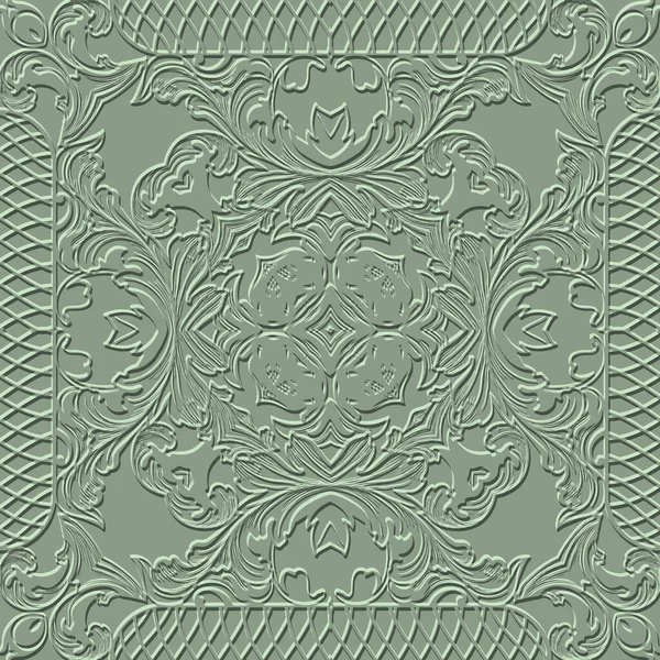 Floral Textured Baroque Seamless Pattern Vector Embossed Green Background Repeat — Stock Vector