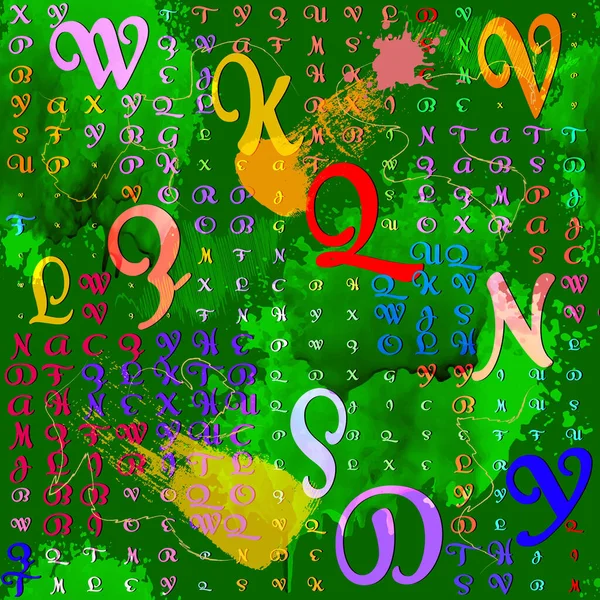 文字のシームレスなパターン 汚れた水彩グリーンの背景に明るいカラフルなAbc タイプセットの背景を繰り返します 手紙の飾り 文字のテクスチャのグランジの背景 スプラッター ブラシストローク フォント — ストックベクタ