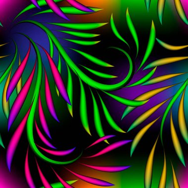 Tropikal neon 3D pürüzsüz desen. Aydınlatılmış palmiye yaprakları. Parlak renkli vektör arkaplanı. Soyut tropik tekrar arkaplanı. Parlak palmiye dalları ve 3 boyutlu süsler. Parlak, sonsuz bir doku.