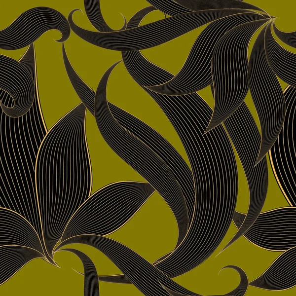 Ручной Рисунок Цветочные Линии Бесшовный Узор Зеленый Фон Черными Золотыми — стоковый вектор