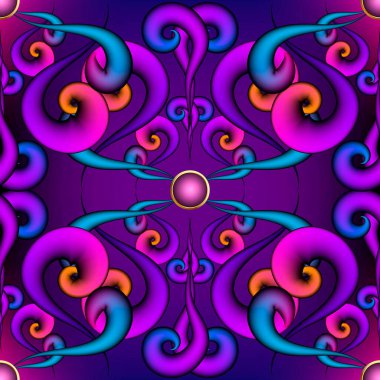 3D aydınlatmalı, ışıldayan çiçek desenli. Neon parlak renkli vektör arkaplanı. Parıltı arkaplanını tekrarla. Modern neon çiçekler, girdaplar, 3D düğmeler. Elle çizilmiş lüks süs. Sonsuz ışıltı dokusu.