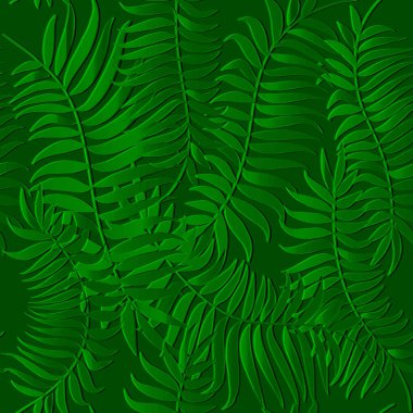 Kabartmalı tropikal 3 boyutlu kusursuz desen. Süslü, yeşil yapraklı arka plan. Arka planda dokumayı tekrarla. Kabartma yaprakları, dallar. Üç boyutlu yapraklı süs. Bitmek bilmeyen çiçek dokusu.