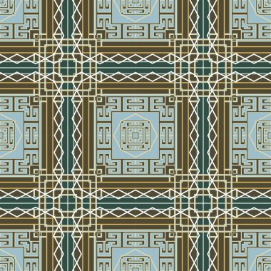 Geometrik Yunanca kusursuz desen. Çizgiler ve çizgiler ekose tartan vektör arka planı. Kareler. Yunan anahtarı, avare. Zigzag çizgileri. Modern simetrik yapılandırılmış süsler. Zarif bir tasarım. Sonsuz doku