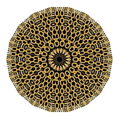 Mandala. Zincirler ve fermuarlar yuvarlak vektör deseni. Süslü beyaz arka plan. Renkli çiçek mandala. Çerçeveli, sınırlı, çiçekli, zincirli, fermuarlı bir süs. Dekorasyon desenli izole tasarım