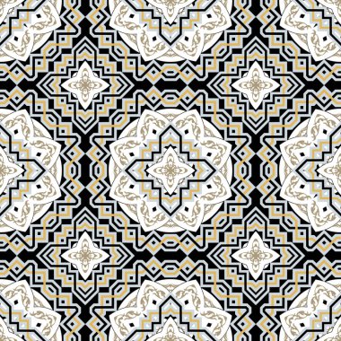 Çiçeksel pleksus dikişsiz desen. Mandalas. Süslü, karmaşık bir arka plan. Modern arkaplanı tekrar et. Renkli eski süsler. Dekoratif Kelt arabesk tarzı tasarım. Altın çiçekler, şekiller, çizgiler.