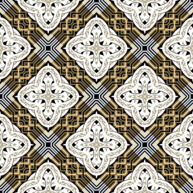 Pleksus süslemeli, güzel, pürüzsüz desen. Kelt tarzı modern waffle arka planı. Dekoratif arkaplanı tekrarla. Klasik altın çiçeklerle süslü çiçek süsü, haç, düğüm, eşkenar dörtgen, şekil, çizgi