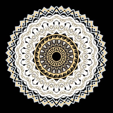 Çiçekli, yuvarlak mandala deseni. Süslü vektör arka planı. Modern fon. Renkli zigzag Yunan süsleri. Siyah arka planda dekoratif dekoratif tasarım. Altın sarısı çiçekler, kırlangıçlar, dalgalar.