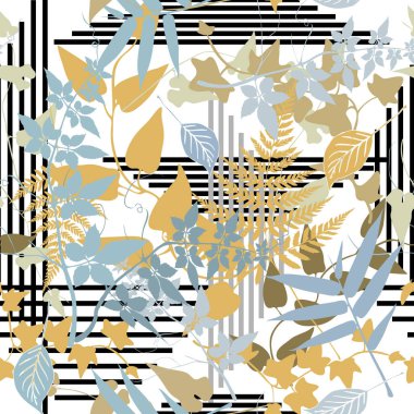 Yapraksız desen. Sonbahar yaprakları çizgili vektör arkaplanı. Dallar ve yapraklar renkli süsler. Bitkiler ve çizgilerle arkaplanı tekrarla. Modern geometrik soyut tasarım. Sonsuz doku.