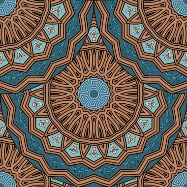 Çiçekli, yuvarlak, pürüzsüz mandalas deseni. Renkli Yunan vektör geçmişi. Güzel etnik tarz süsler. Arka planı tekrar et. Vintage çiçekler, yapraklar, çizgiler, çerçeveler, sınırlar, Yunan mandalaları.