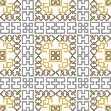 Geleneksel ekose ekoseli, zincir çerçeveli, dikişsiz desen. Süslü kareli vektör arkaplanı. Modern altın süslemeleri tekrar et. Beyaz arka planda kabile etnik tarzı zarif izole tasarım.