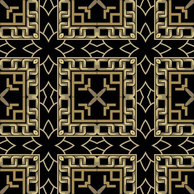 Kare çerçeveli geleneksel ekoseli, dikdörtgen desenli ekose kumaş. Süslü kareli vektör arkaplanı. Modern altın süslemeleri tekrar et. Kabile etnik tarzı, siyah arka planda altın tasarımı süsledi