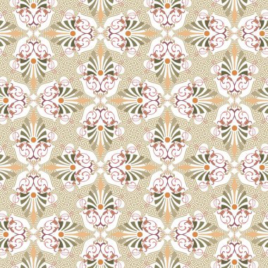 Floral greek colorful seamless pattern. Ornamental beautiful vector background. Modern repeat tribal ethnic backdrop. Vintage flowers, swirls. Greek key, meanders. Endless patterned ornate texture.