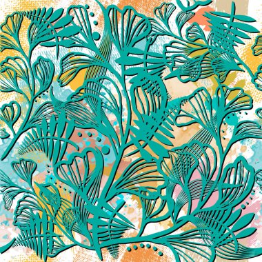 Tropical hand drawn floral 3d seamless pattern. Drawing flowers. Watercolor dirty colorful backgrpund. Repeat flowery vector backdrop. Brush strokes, fern leaves, branches.  Exotic flowers ornament.