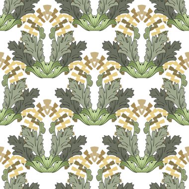 Beautiful vintage floral seamless pattern. Abstract backet with green Baroque style leaves, branches. Zippers. Modern decorative ornamental background. Repeat luxury ornate backdrop. Endless texture.