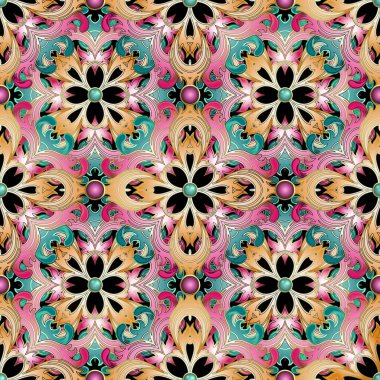 Jewelry floral seamless pattern with blue pink 3d buttons . Bright beautiful vector background. Repeat backdrop. Vintage Baroque style flowers, leaves. Colorful gradient ornaments. Endless texture.