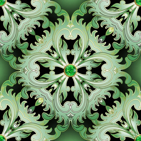 Jewelry floral 3d seamless pattern with emerald gemstones. Luxury beautiful royal background. Repeat glowing backdrop. Vintage Baroque style ornate flowers, leaves. Colorful gradient green ornaments. 