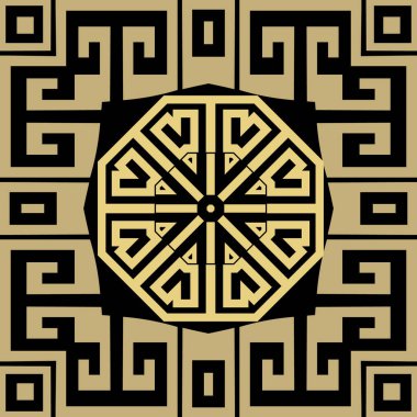 Yunan süslemesi, kare çerçeveli altın mandala. Kusursuz süslemeli güzel desenli. Zarif bir etnik geçmişin var. Arka planı tekrar et. Sonsuz doku. Yunan anahtarı, avare.