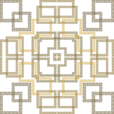 Yunan süslemeli geometrik dikişsiz desen. Modern model vektör arka planı. Geometrik dekoratif arkaplanı tekrar et. Kare çerçeveler, şekiller, semboller ve işaretlerle kareler. Yunan anahtarı, avare.