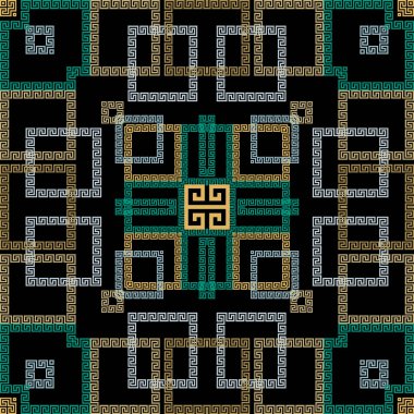 Yunan süslemeli geometrik dikişsiz desen. Modern model vektör arka planı. Geometrik arkaplanı tekrar et. Kare çerçeveler, geometri şekilleri, semboller ve işaretlerle kareler. Yunan anahtarı, avare