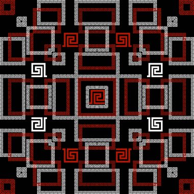 Yunan süslemeli geometrik dikişsiz desen. Modern model vektör arka planı. Geometrik arkaplanı tekrar et. Kare çerçeveler, geometri şekilleri, semboller ve işaretlerle kareler. Yunan anahtarı, avare