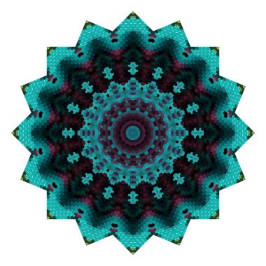 Colorful zigzag mandala pattern. Halftone textured white background. Modern moire zig zag ornament. Digital tapestry texture. Halftone isolated abstract flower backdrop. Ornamental zigzag texture.