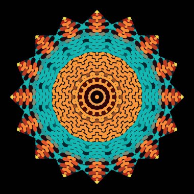 Colorful zigzag mandala pattern. Halftone textured  vector background. Modern moire zig zag ornament. Digital tapestry texture. Halftone decorative abstract flower backdrop. Ornamental zigzag texture.