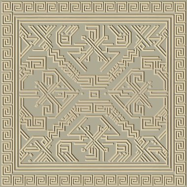 Emboss greek 3d seamless pattern with square frame. Embossed relief background. Greek key meanders surface geometric ornament. Abstract repeat textured backdrop. Embossing endless ornate texture.