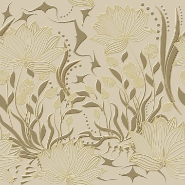 Lotus. 3d embossed lines floral seamless pattern. Textured lotus flowers relief background. Repeat emboss plants backdrop. Surface leaves, flowers. 3d line art flowers ornament with embossing effect. 