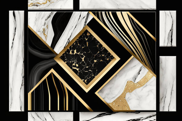 Modern abstract marbled art deco background, marble mosaic. Agate stone texture, granite, jasper. Ornamental black white gold marble tiles. Art deco wallpaper. Geometric fashion marble. illustration.