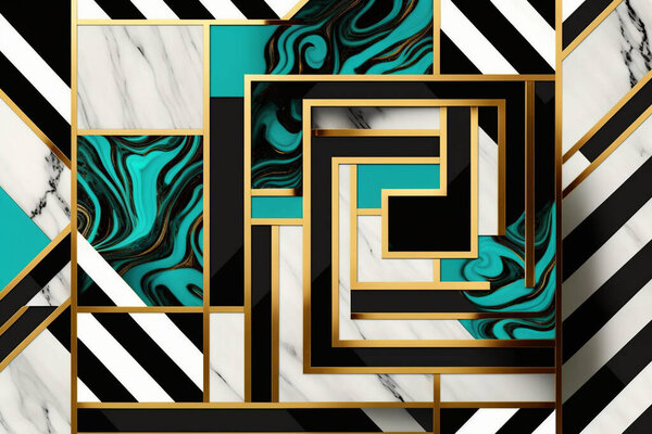 Modern abstract marbled background, marble mosaic, turquoise, agate stone texture, granite, jasper. Ornamental black white gold marble tiles. Art deco wallpaper. Geometric fashion marble illustration.