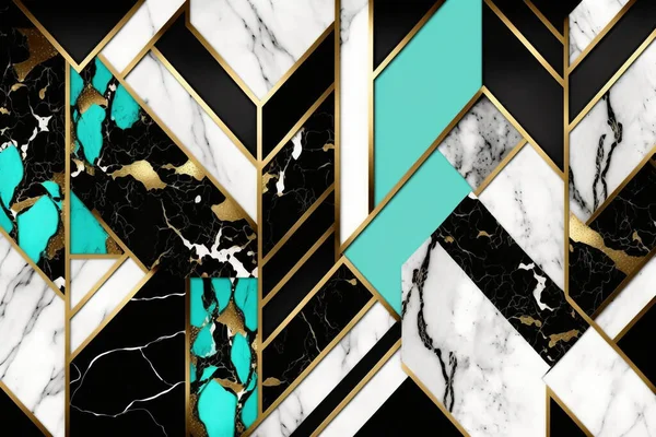 Modern abstract marbled background, marble mosaic, turquoise, agate stone texture, granite, jasper. Ornamental black white gold marble tiles. Art deco wallpaper. Geometric fashion marble illustration.