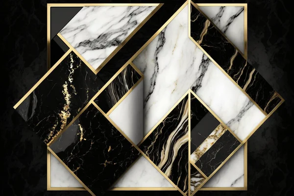 Modern abstract marbled art deco background, marble mosaic. Agate stone texture, granite, jasper. Ornamental black white gold marble tiles. Art deco wallpaper. Geometric fashion marble. illustration.