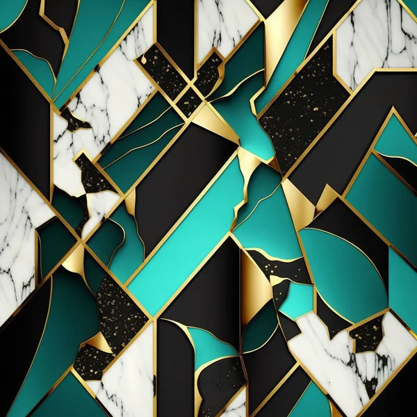 Modern abstract marbled background, marble mosaic, turquoise, agate stone texture, granite, jasper. Ornamental black white gold marble tiles. Art deco wallpaper. Geometric fashion marble illustration.