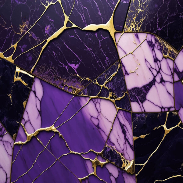 Violet lilac 3d abstract marbled background with golden inlay veins, lines. Marble mosaic, stone texture, granite, jasper. Ornamental modern marble tile. Art deco wallpaper. Trendy ornate texture.