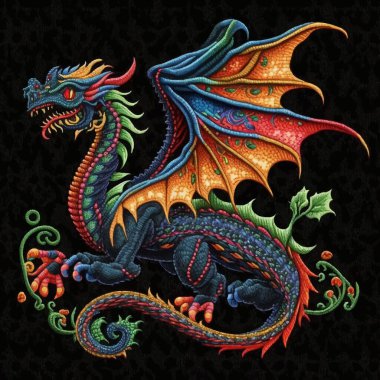 Colorful textured embroidery flying dragon pattern background illustration. Bright ornamental tapestry stitching lines abstract dragon. Fantasy decorative beautiful design. For applique, prints, craft