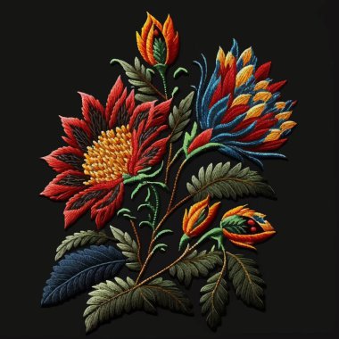 Tapestry colorful flowers, branch, leaves pattern. Embroidery floral vector illustration with beautiful stitch textured flower. Stitching lines surface embroidered texture. For applique, ptint, design