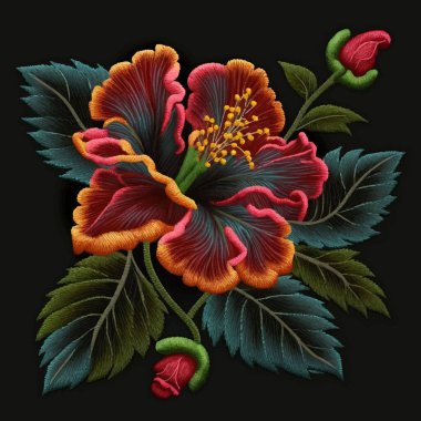 Hibiscus. Tapestry colorful hibiscus flowers, buds, leaves pattern. Embroidery floral vector illustration with beautiful stitch textured red hibiscus flower. Stitching lines surface texture.